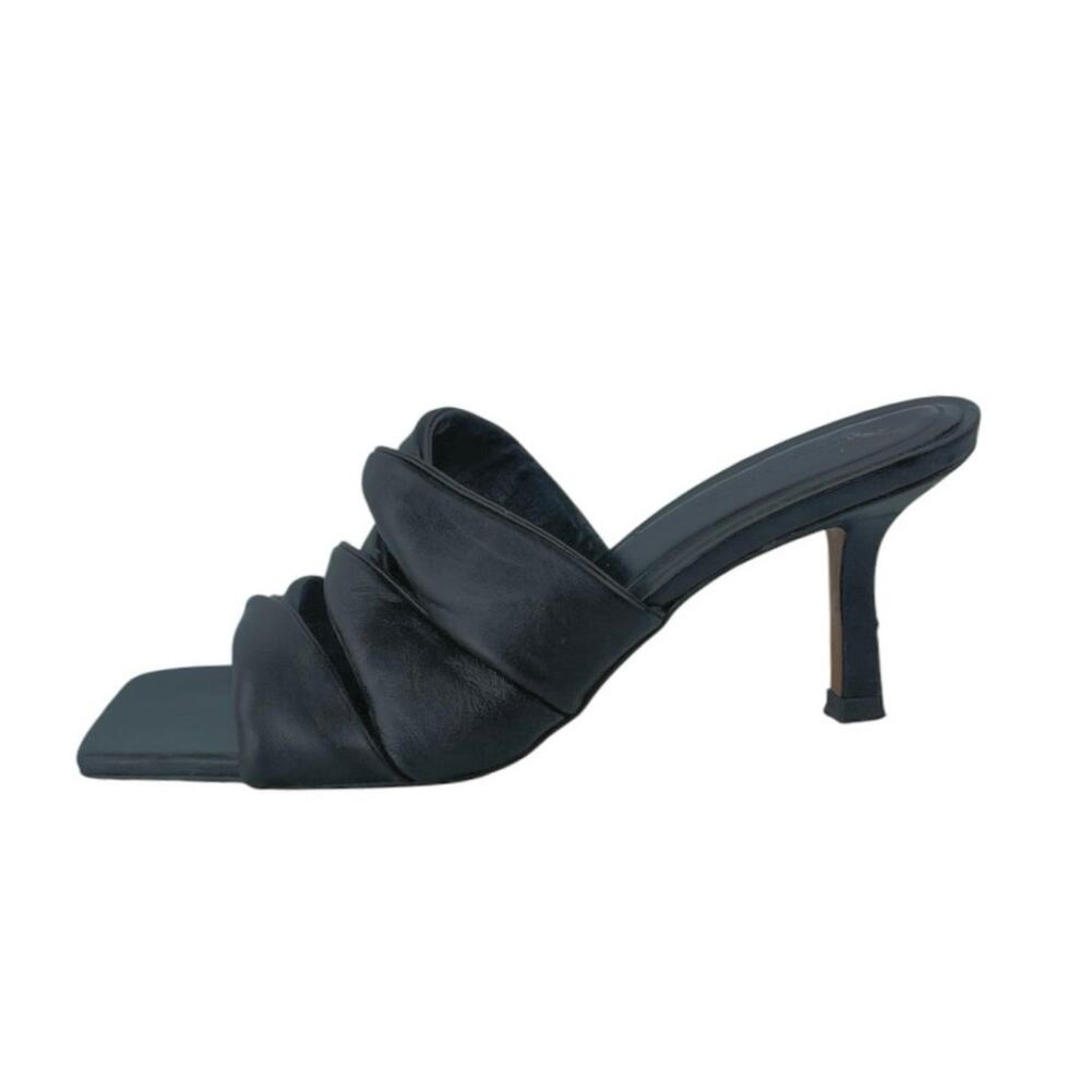 Massimo Dutti Black Ruched Leather Square Toe Flared Heels Mules Sandals Size 39